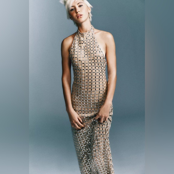 Zara Elegant Tan Mesh Halter sparkly maxi Dress - Picture 2 of 6